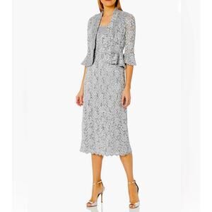 R&M Richards Silver Lace Sequins 2 Piece Jacket Dress Women’s Petite 4P Weddings